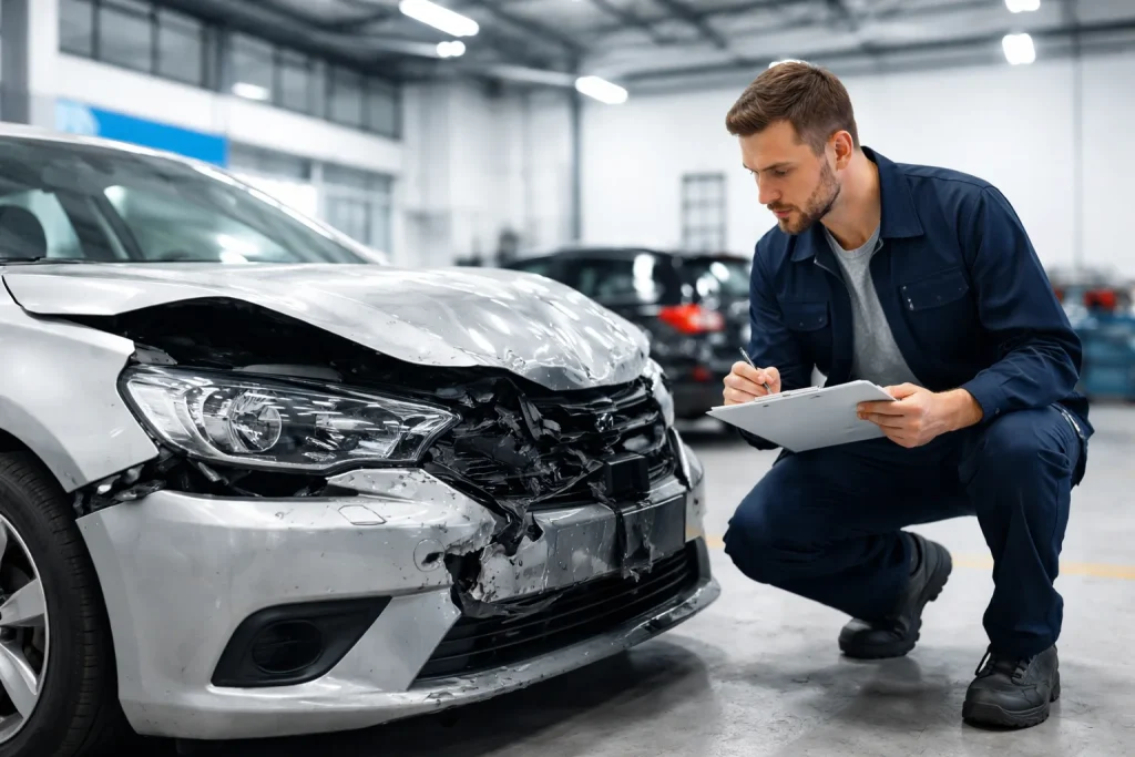 Tradie inspecting accident damage to a car at Primo Smash Repairs Perth workshop in Osborne Park